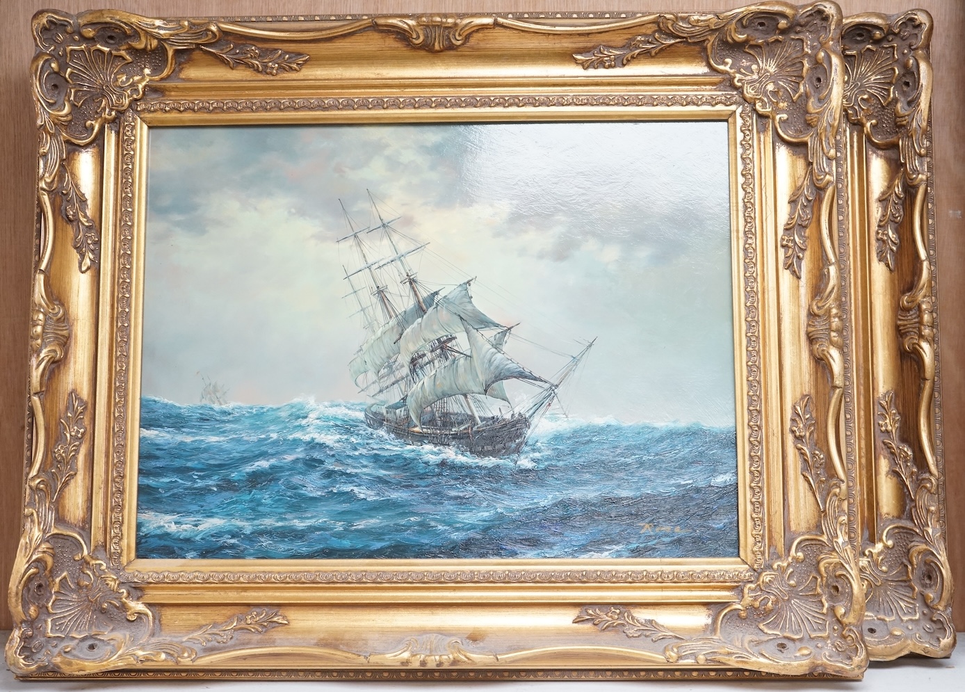Rose, pair of decorative oils on board, Sailing ships in rough seas, each signed, 29 x 39cm, ornate gilt frame